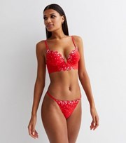 New Look Red Heart Spot Embroidered Mesh Plunge Bra